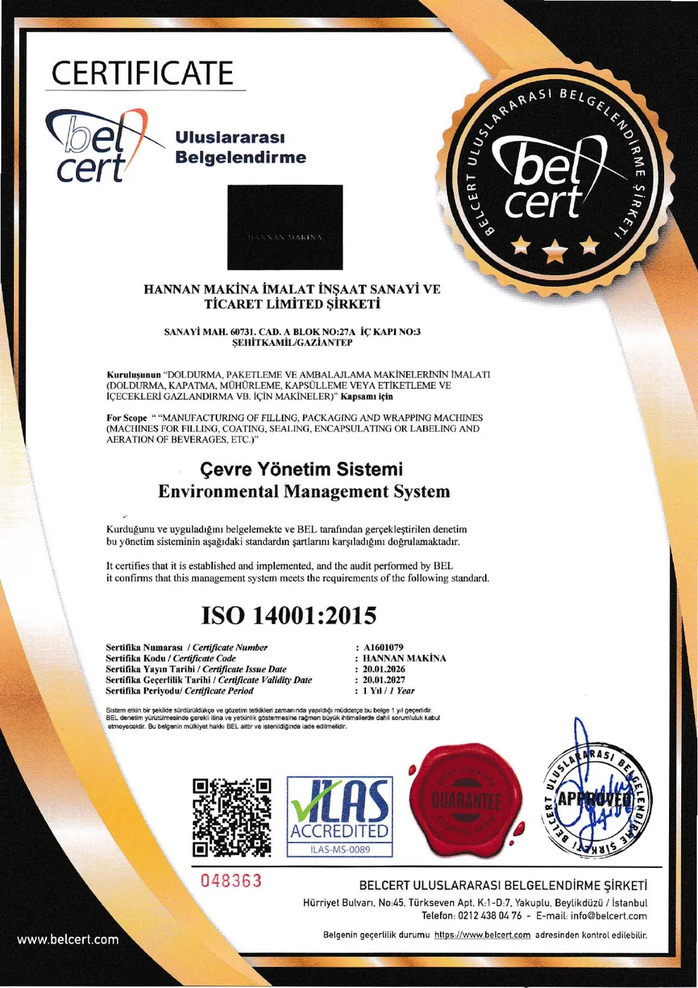 ISO 14001:2015 Çevre Yönetim Sistemi belgesi