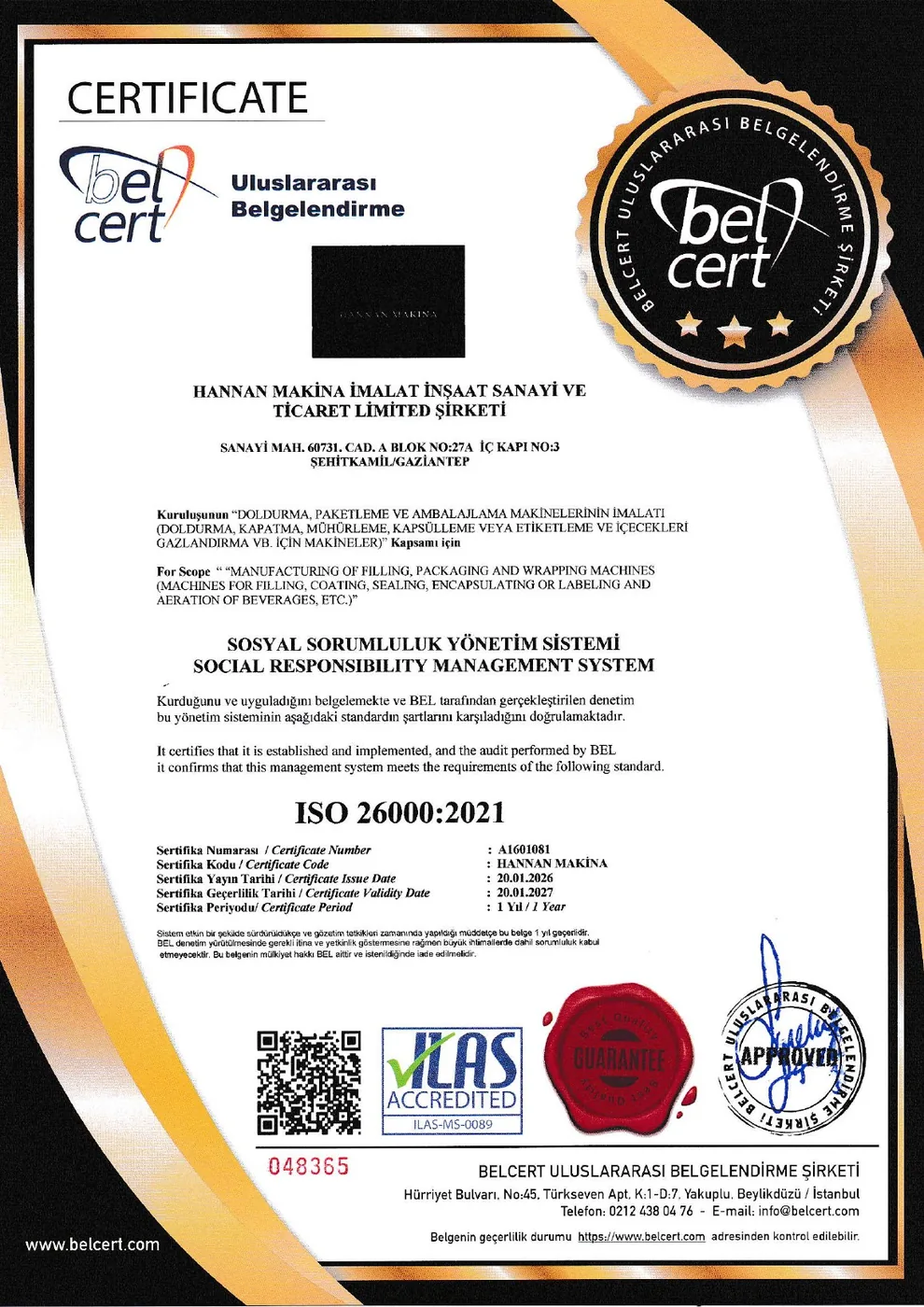 ISO 26000:2021 Sosyal Sorumluluk Yönetim Sistemi belgesi