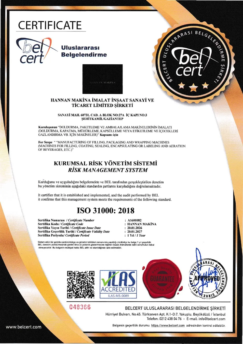 ISO 31000:2018 Kurumsal Risk Yönetim Sistemi belgesi