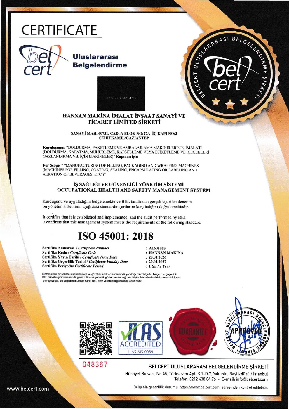 ISO 45001:2018 İş Sağlığı ve Güvenliği Yönetim Sistemi belgesi